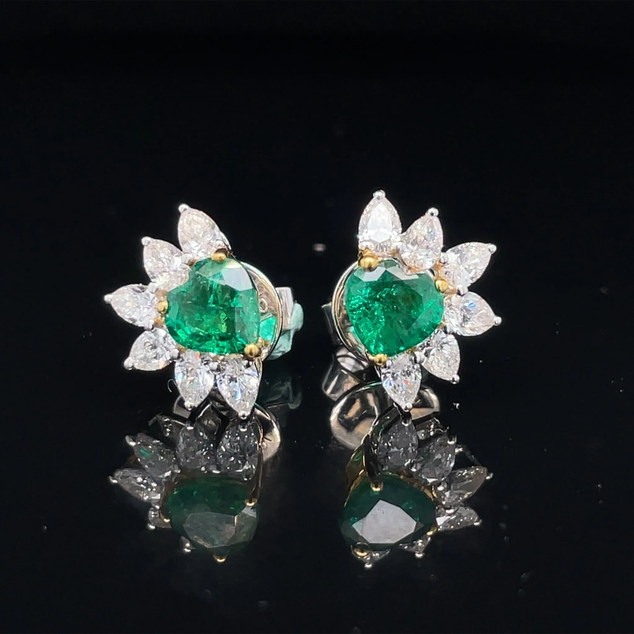 Zambian Heart Shape Emerald & Marquise Diamond Stud Earrings