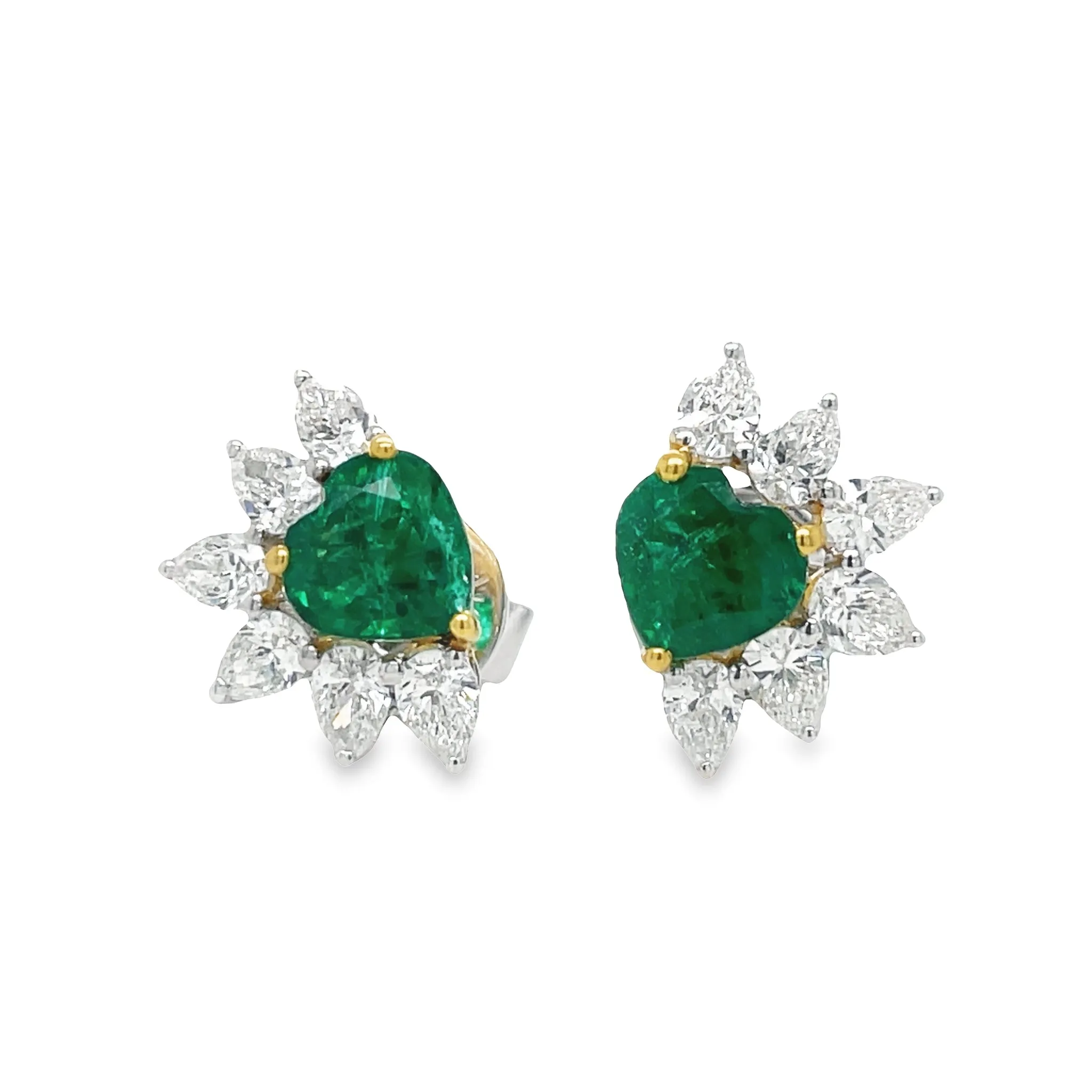 Zambian Heart Shape Emerald & Marquise Diamond Stud Earrings
